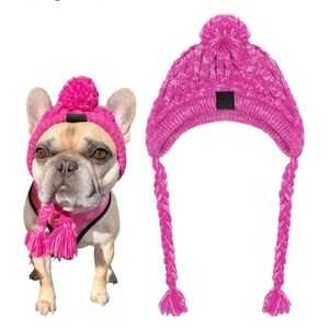 Pink Knit Dog Hat with Pom Pom- Small